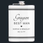 Best Man Custom Personalised Wedding Party  Flask<br><div class="desc">Best Man Custom Personalised Name Wedding Party Flask features the Best Man's name with the bridal couple's names and wedding date accented with a small love heart. Custom made for the Best Man. Designed by ©2024 Evco Studio www.zazzle.com/store/evcostudio</div>