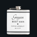 Best Man Custom Personalised Wedding Party  Flask<br><div class="desc">Best Man Custom Personalised Name Wedding Party Flask features the Best Man's name with the bridal couple's names and wedding date accented with a small love heart. Custom made for the Best Man. Designed by ©2024 Evco Studio www.zazzle.com/store/evcostudio</div>