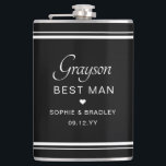 Best Man Custom Personalised Wedding Party  Flask<br><div class="desc">Best Man Custom Personalised Name Wedding Party Flask features the Best Man's name with the bridal couple's names and wedding date accented with a small love heart. Custom made for the Best Man. Designed by ©2024 Evco Studio www.zazzle.com/store/evcostudio</div>