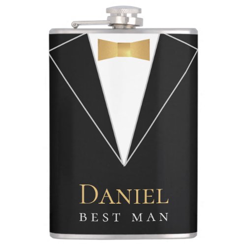 Best Man Gift Black Suit Elegant Faux Gold Bowtie Flask