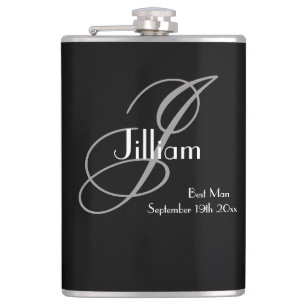 Best Man Gift Black White Script Elegant Monogram Flask