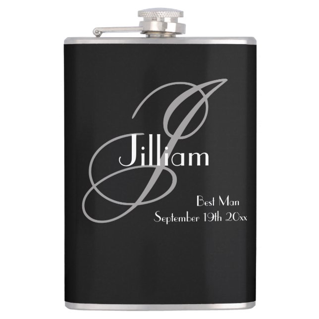 Best Man Gift Black White Script Elegant Monogram Flask (Front)