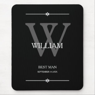 Best Man Gift Gray Monogram White Details Black Mouse Pad