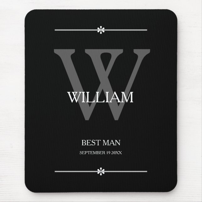 Best Man Gift Gray Monogram White Details Black Mouse Pad (Front)