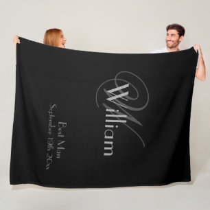 Best Man Gift Modern Monogram Chic Script Black Fleece Blanket