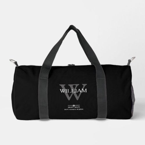 Best Man Gift Modern Monogram Elegant Script Black Duffle Bag