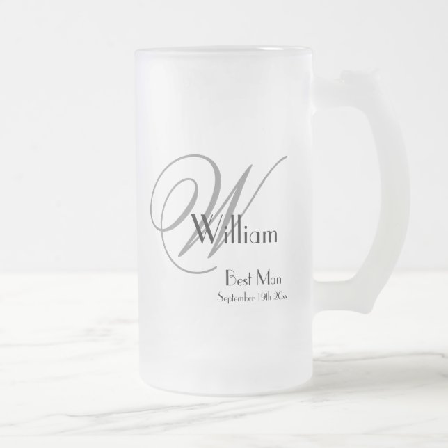 Best Man Gift Modern Monogram Initial & Name Cute  Frosted Glass Beer Mug (Right)