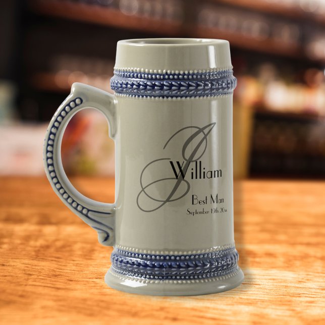  Best Man Gift Monogram Initial Name Date Elegant Beer Stein (Wedding Best Man Gift - Monogram Initial, Name & Date Rustic Beer Stein.)