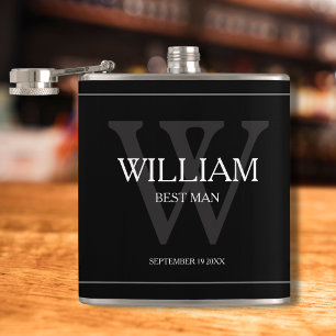 Best Man Gift Monogram Name Date White Gray Black Flask