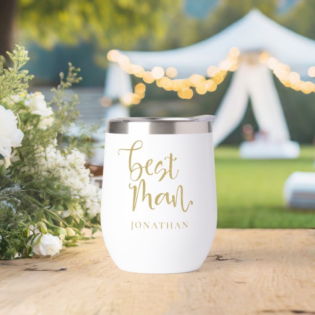 Best Man Gift Name Gold Faux Glitter Script Thermal Wine Tumbler (Wedding)