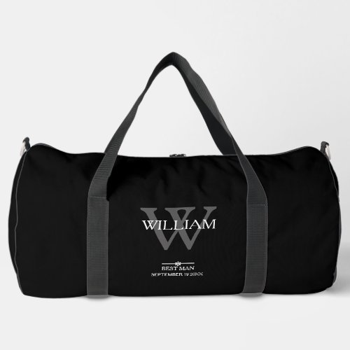 Best Man Gift Script Modern Monogram Classic Black Duffle Bag