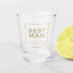 Best Man Gold Typography/Name/Gift Shot Glass<br><div class="desc">Shot Glass Gift for the Best Man with gold typography and includes easily personalised wedding date and name of best man. 100% customisable.</div>