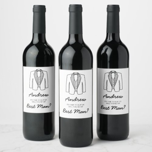 Best Man Groomsman Suit Up Wedding Party Asking Wine Label