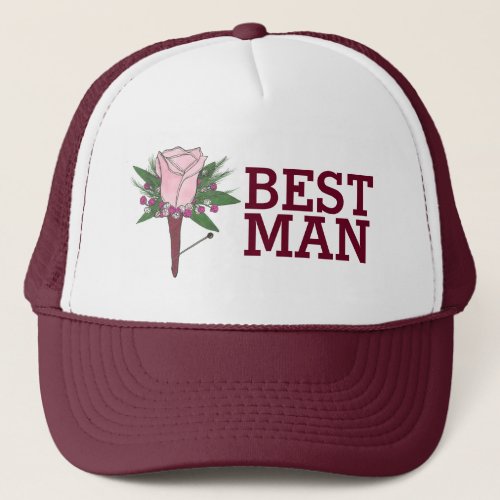 Best Man Groomsmen Wedding Boutonniere Rose Flower Trucker Hat