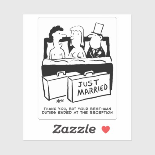 Best Man in Bed with Married Couple Cartoon Sticker