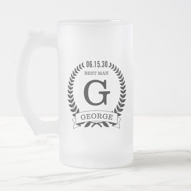 Best Man Initials Frosted Glass Beer Mug (Left)