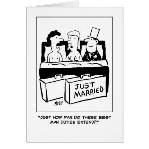 Best man joins the bride and groom in bed. cards