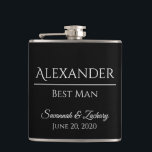 Best Man Liquor Flask Wedding Favor Gift<br><div class="desc">This flask is the perfect way to thank your groomsmen,  members of the wedding party or other special guests. The text is fully customizable with a place to enter your groomsman's name,  the title (Groomsman,  Best Man,  Father of the Bride,  etc.) the wedding couple's name,  and wedding date.</div>