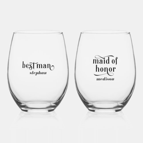 Best man Maid of Honor Elegant Black Typography Stemless Wine Glass