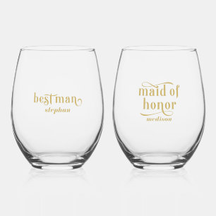 Best man, Maid of Honor Elegant Gold Typography Stemless Wine Glass