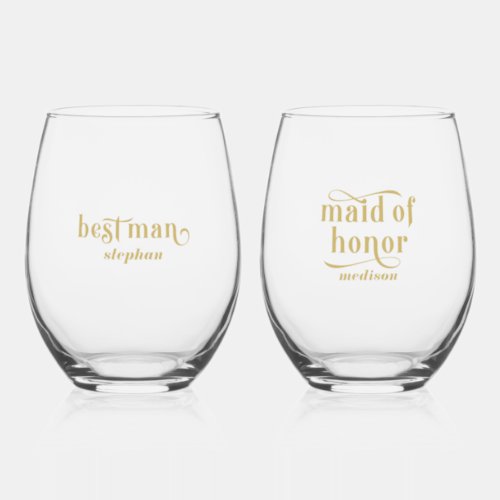 Best man Maid of Honor Elegant Gold Typography Stemless Wine Glass