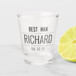 Best Man Modern Black Typography Monogram Shot Glass<br><div class="desc">This cool and modern Best Man typography shot glass design is the perfect gift for the Groom's bridal party. It features simple black typography with a personalized date and monogram name. Customize the text color by clicking the "customize" button to access more options. ***IMPORTANT DESIGN NOTE: For any custom design...</div>