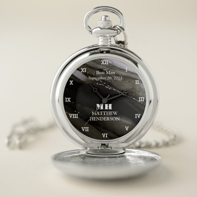 Best Man Modern Gift Black Monogrammed Wedding Pocket Watch (Inside)