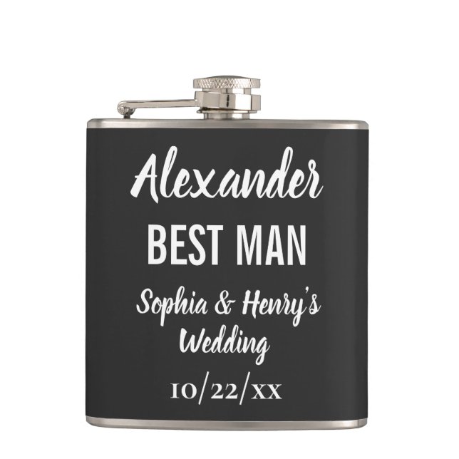 Best Man Modern Typography Script Black Wedding Flask (Front)