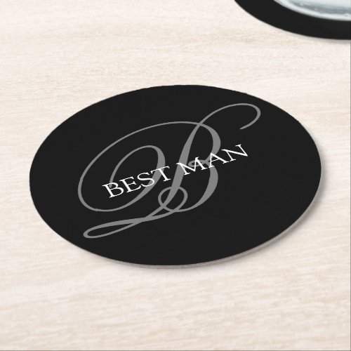 Best Man Monogram Black Grey Round Paper Coaster