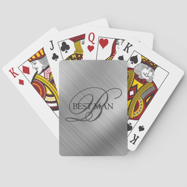 Best Man Monogram Brushed Silver Poker Cards (Back)