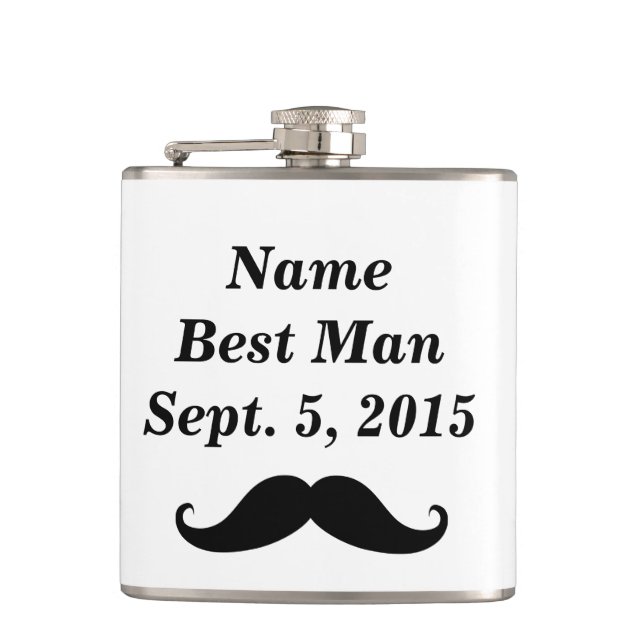 Best Man Mustache Hat and Suit Vinyl Wrapped Flask (Front)