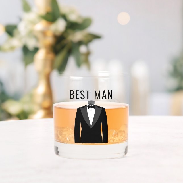 Best Man Name Black Tuxedo Wedding Date Whiskey Glass (Insitu (Wedding))