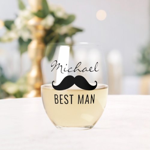 Best Man Name Mustache Wedding Date Stemless Wine Glass