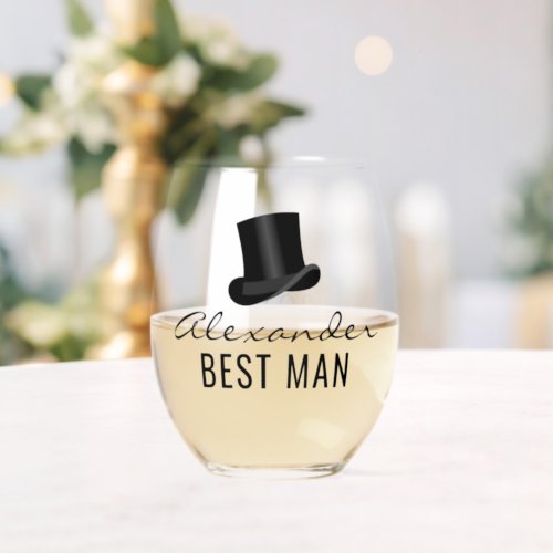 Best Man Name Top Hat Wedding Date Stemless Wine Glass