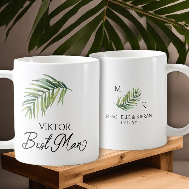 Best Man Palm Leaf Wedding Party Gift Coffee Mug (Best Man coffee mug with tropical palm leaf and calligraphy)