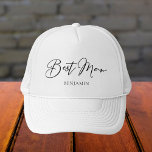 Best Man Personalized Chic Minimalist Wedding Trucker Hat<br><div class="desc">This chic,  simple best man hat features your name underneath elegant black typography. Customize these elegant,  modern bridal party hats for your wedding or bachelor party.</div>