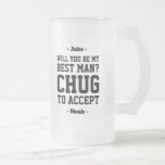 Best Man Proposal Chug to Accept Funny Favor Frosted Glass Beer Mug<br><div class="desc">Get the wedding celebration started in style with a funny personalized Best Man proposal frosted glass beer mug. Design features stylish modern typography names, and a customizable request reading "Will you be my Best Man? Chug to accept". All text is simple to customize or delete. These unique and original beer...</div>