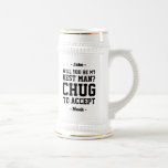 Best Man Proposal Chug to Accept Funny Wedding Beer Stein<br><div class="desc">Get the wedding celebration started in style with a funny personalized Best Man proposal beer stein. Design features stylish modern typography names, and a customizable request reading "Will you be my Best Man? Chug to accept." All text is simple to customize or delete. These unique and original beer mugs make...</div>