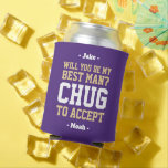 Best Man Proposal Chug to Accept Purple and Gold Can Cooler<br><div class="desc">Get the wedding celebration started in style with a funny personalized best man proposal can cooler. The purple, gold and white design features stylish modern typography names and a customizable request reading "Will you be my best man? Chug to accept". All text is simple to customize or delete and can...</div>