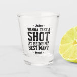 Best Man Proposal Funny Wedding Drink Idea Take a Shot Glass<br><div class="desc">Get the wedding celebration started in style with a funny personalized Best Man proposal shot glass. Design features stylish modern typography names, and a customizable request reading "Wanna take a shot at being my Best Man?" All text is simple to customize or delete. These unique and original shot glasses make...</div>