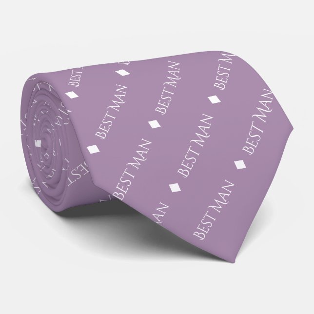 Best Man Repeating White Text on Lavender Neck Tie (Rolled)