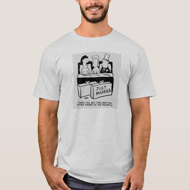 Best Man Shares a Bed with Bride & Groom Cartoon T-Shirt (Front)