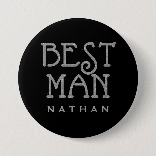 Best Man Silver Faux Glitter Name Tag Button (Front)
