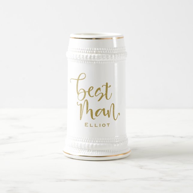 Best Man Stylish Gold Script Name Wedding Beer Stein (Center)