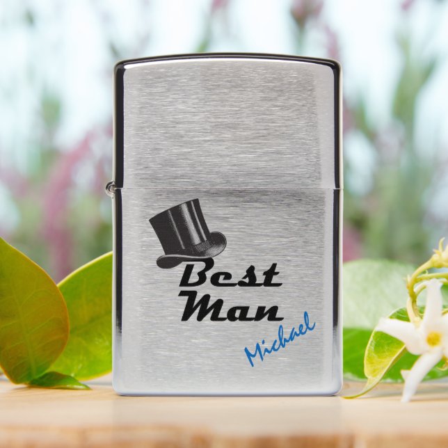 Best Man Top Hat with Custom Name Zippo Lighter (On Table)