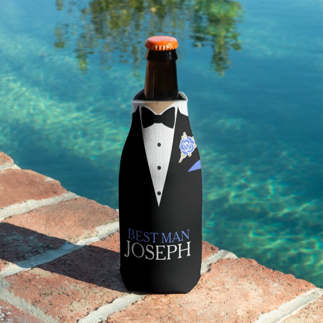 Best man tuxedo blue rose button custom name bottle cooler (In Situ Pool)