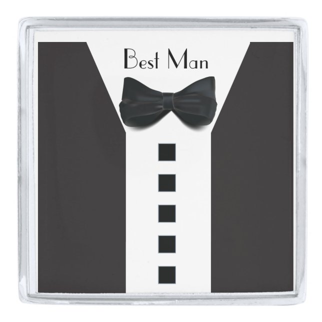 Best Man Tuxedo 🎩 Elegant Bling Groomsman Silver Finish Lapel Pin (Front)
