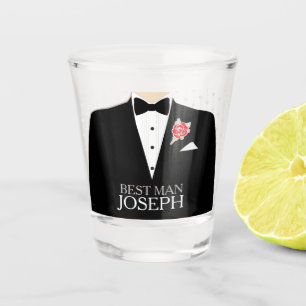 Best man tuxedo red rose button custom name shot glass