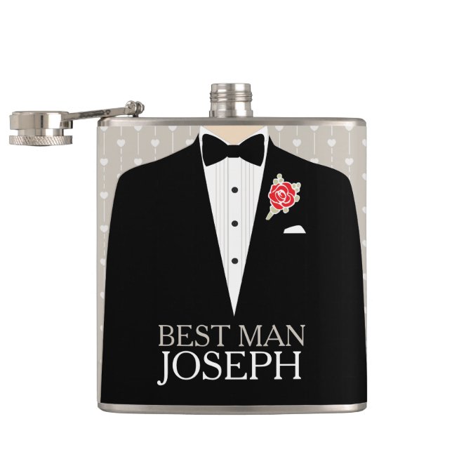 Best man tuxedo red rose button named hip flask (Opened)
