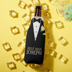 Best man tuxedo yellow rose button custom name bottle cooler